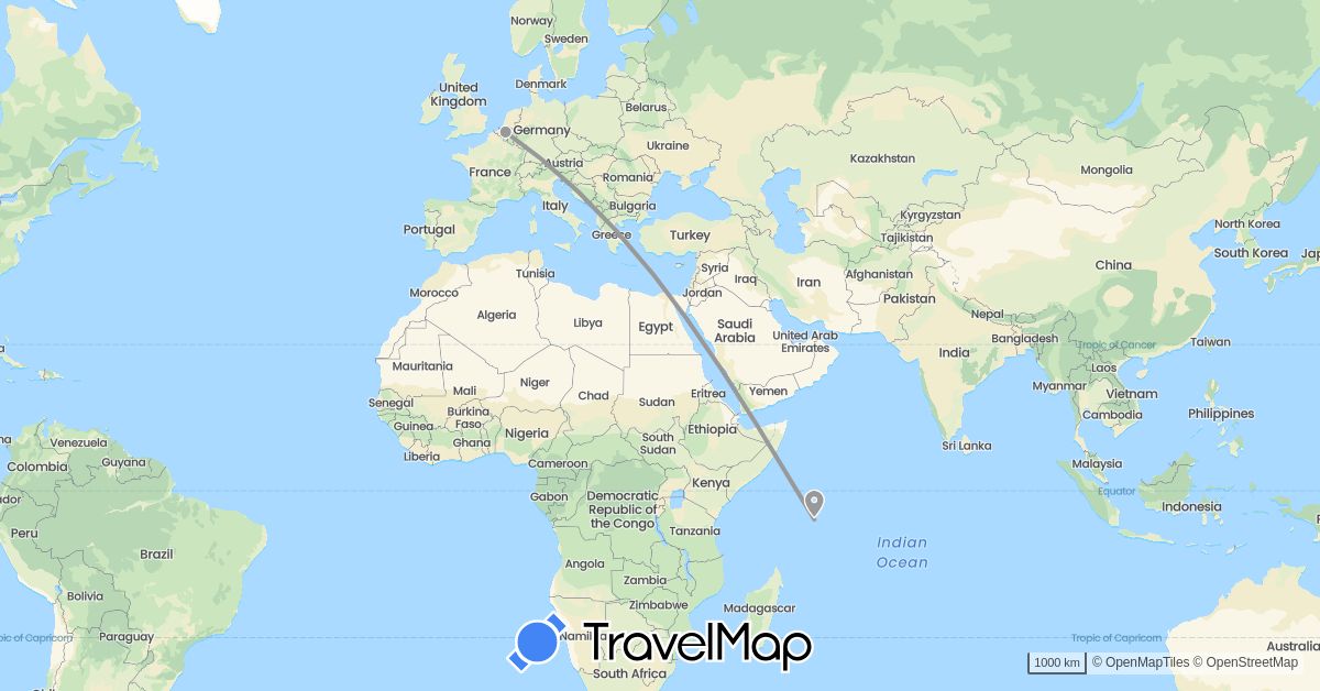TravelMap itinerary: plane, boat in Belgium, Seychelles (Africa, Europe)